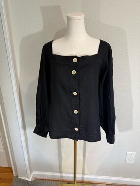 J. Crew Factory Black Square-Neck Button Front Linen top